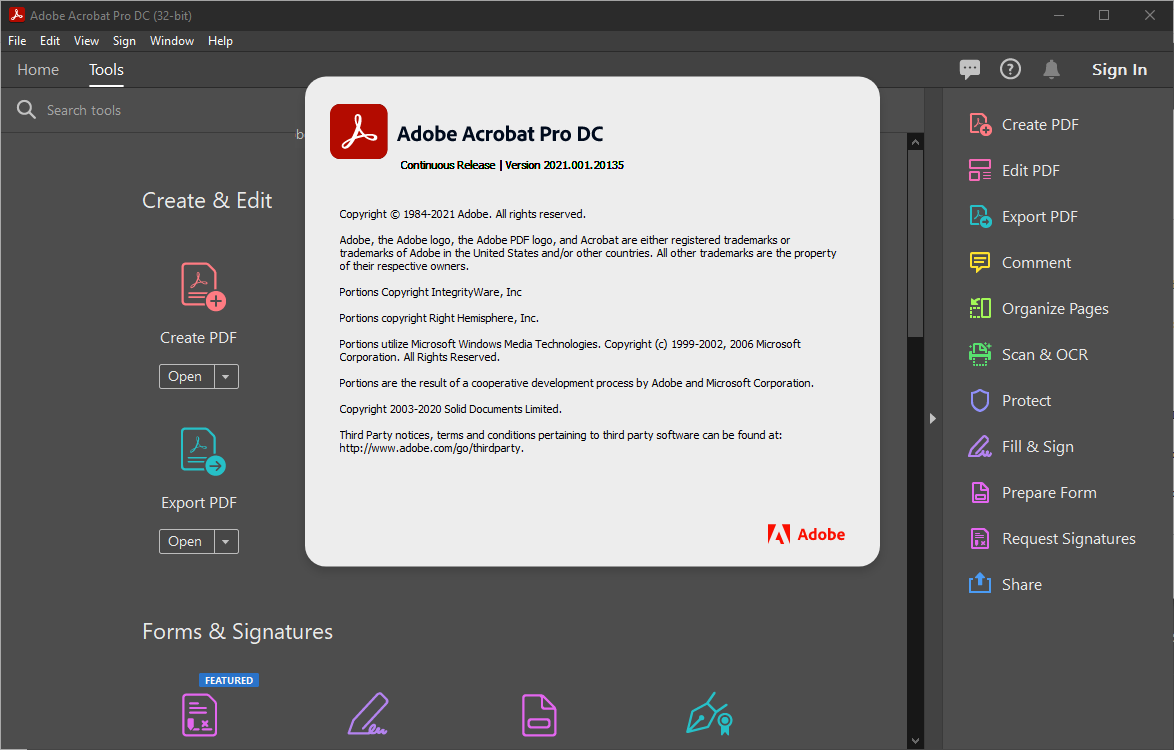 Captura de pantalla de Adobe Acrobat Pro