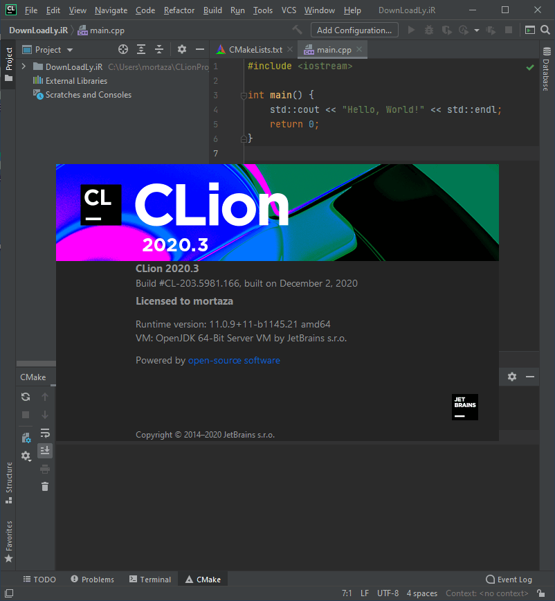 Captura de pantalla de CLion