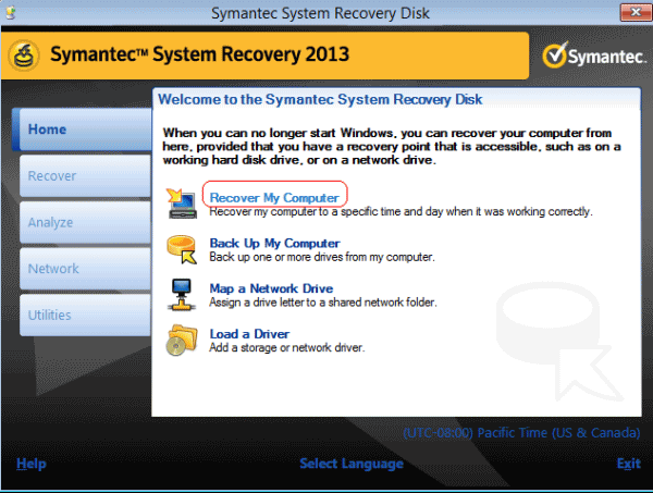 Recuperación del sistema de Symantec